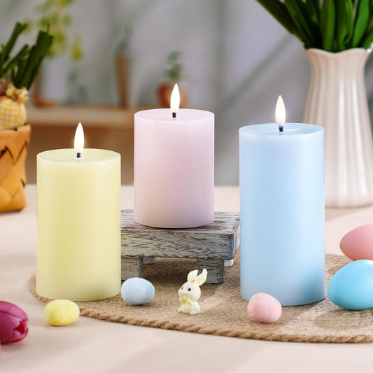 Easter LED Flameless Pillar Candles - Real Wax Multicolor Pastel Fake 3D Battery Operated Candles