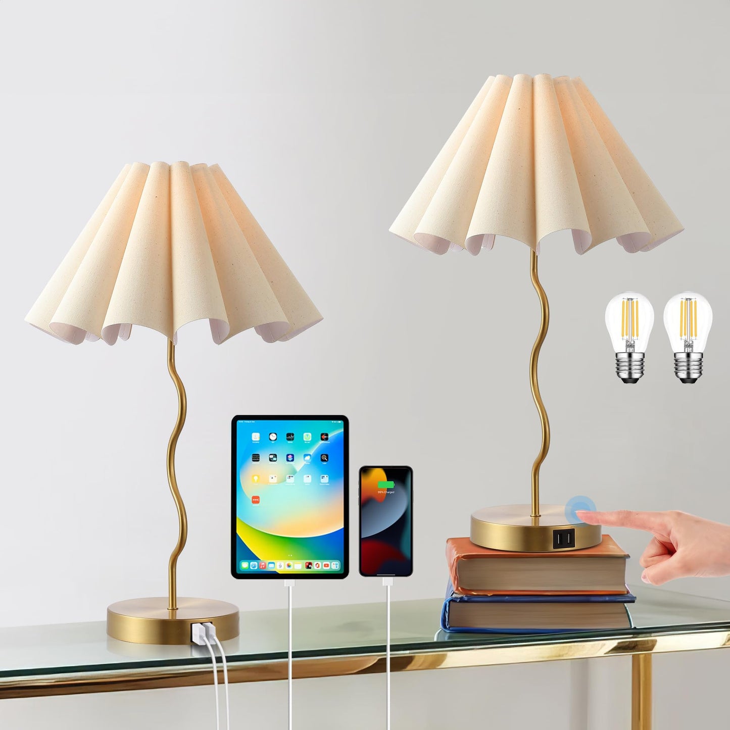 Modern Touch-Control Table Lamp with Dimmable Feature, USB Port, and Outlet – Ideal for Bedroom Nightstands and Living Room End Tables