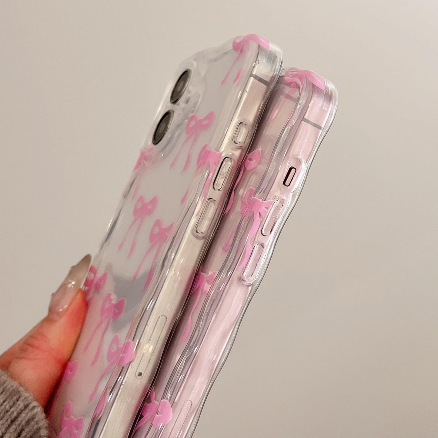 Cute Ribbon Bows Case for iPhone, Wavy Curly Frame Clear Transparent Soft Silicone TPU Bumper Shockproof Protective Cover