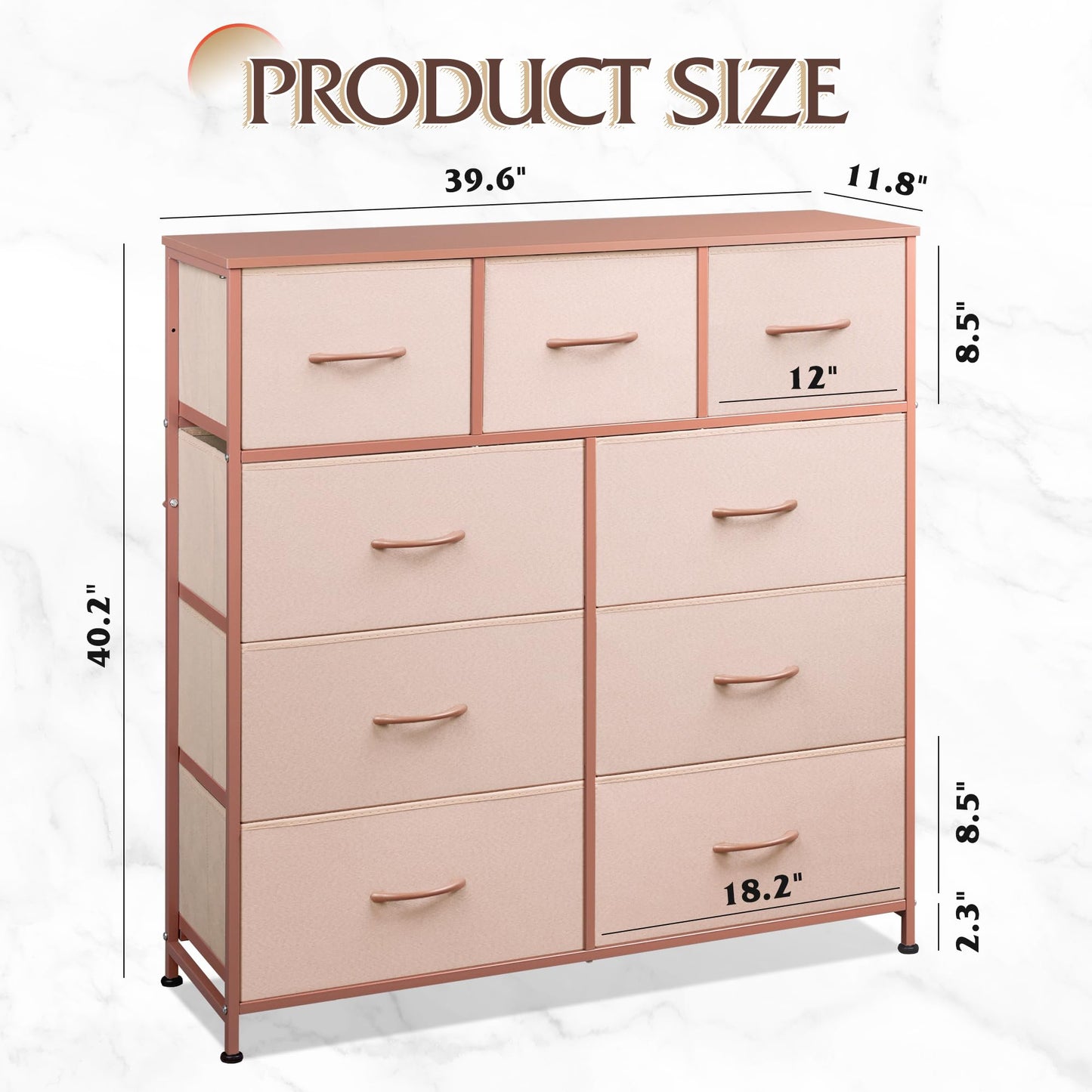 Drawer Fabric 9 Dresser – Tall Storage Tower with Bins, Steel Frame, and Wood Top