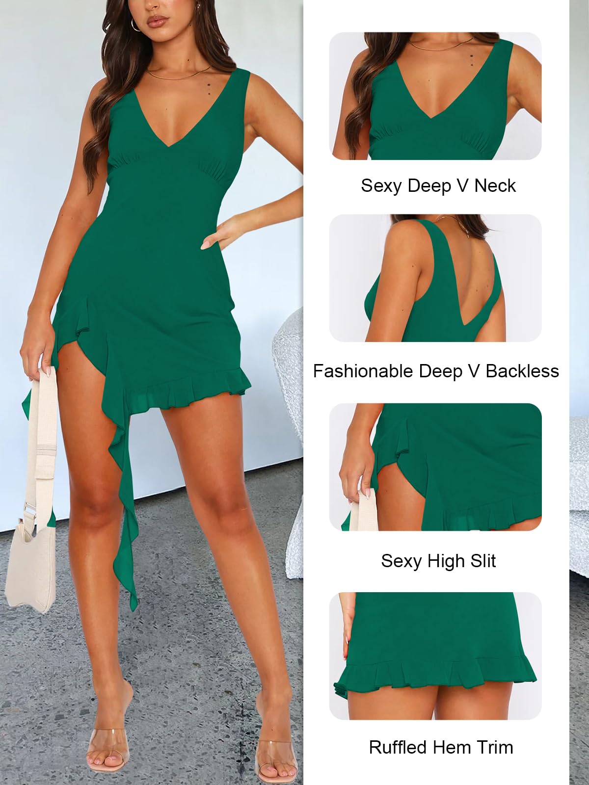 Women Sleeveless Sexy V Neck Bodycon Mini Dress Summer Side Slit Mesh Irregular Ruffle Hem Backless Short Dress