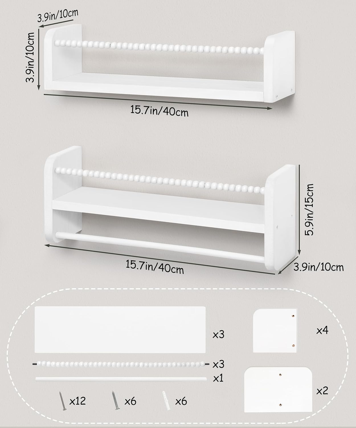 White Natural Wood Bookshelf Wall Decor, Small Floating Shelf Set of 3