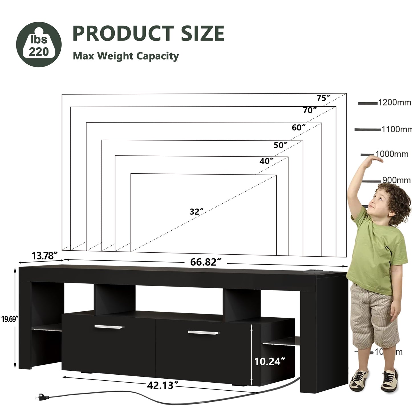 LED TV Stand with Large Storage Drawer -  Modern High Gloss TV Console Table with Entertainment Center