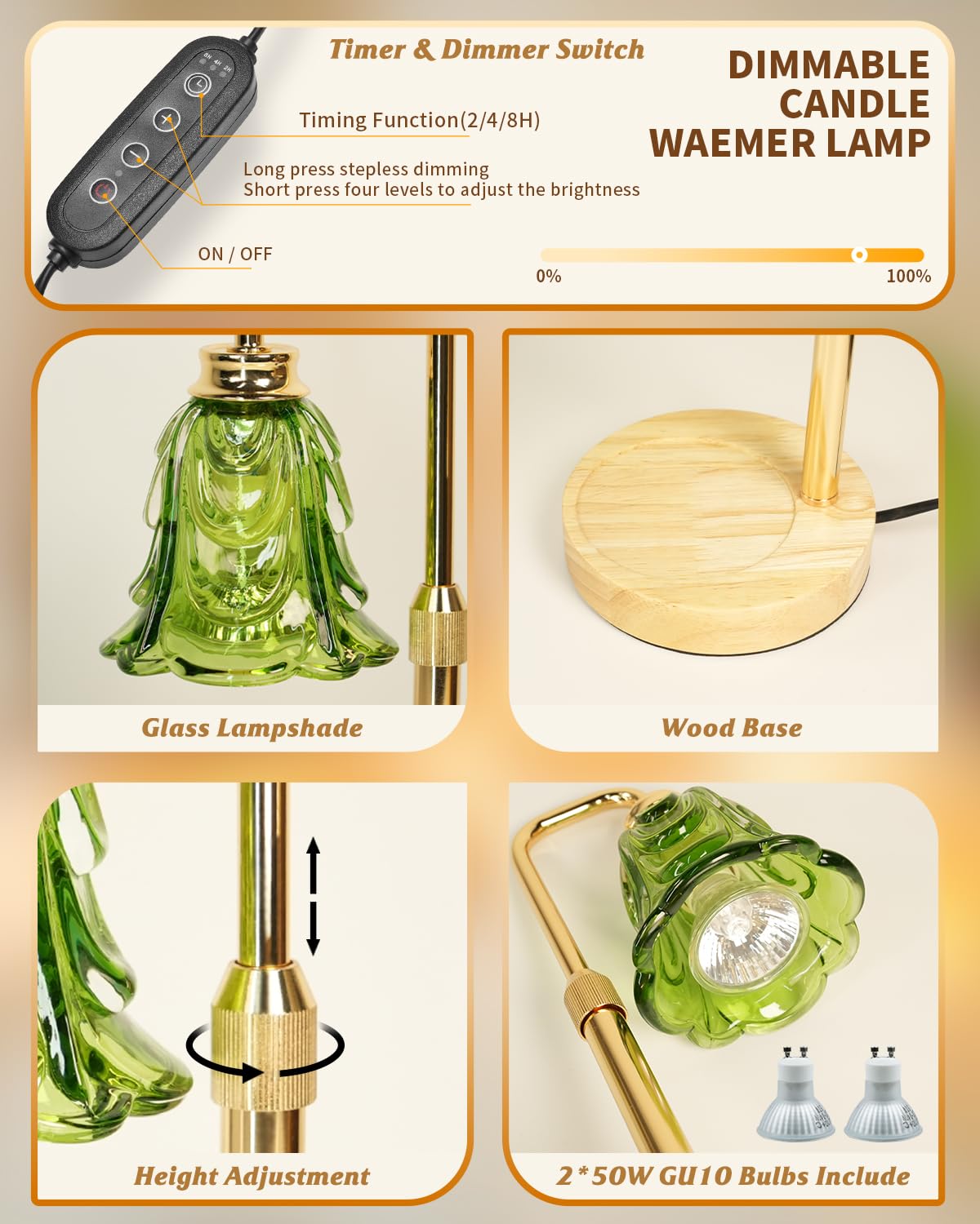 Dimmable Flower Candle Warmer Lamp with Timer & 4Bulbs