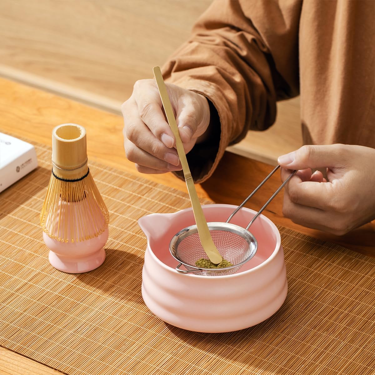 Matcha Set With Bowl, Matcha Sifter, Matcha Whisk Holder - The Perfect Matcha Kit for Matcha Tea (Ceramic White 5PCS)