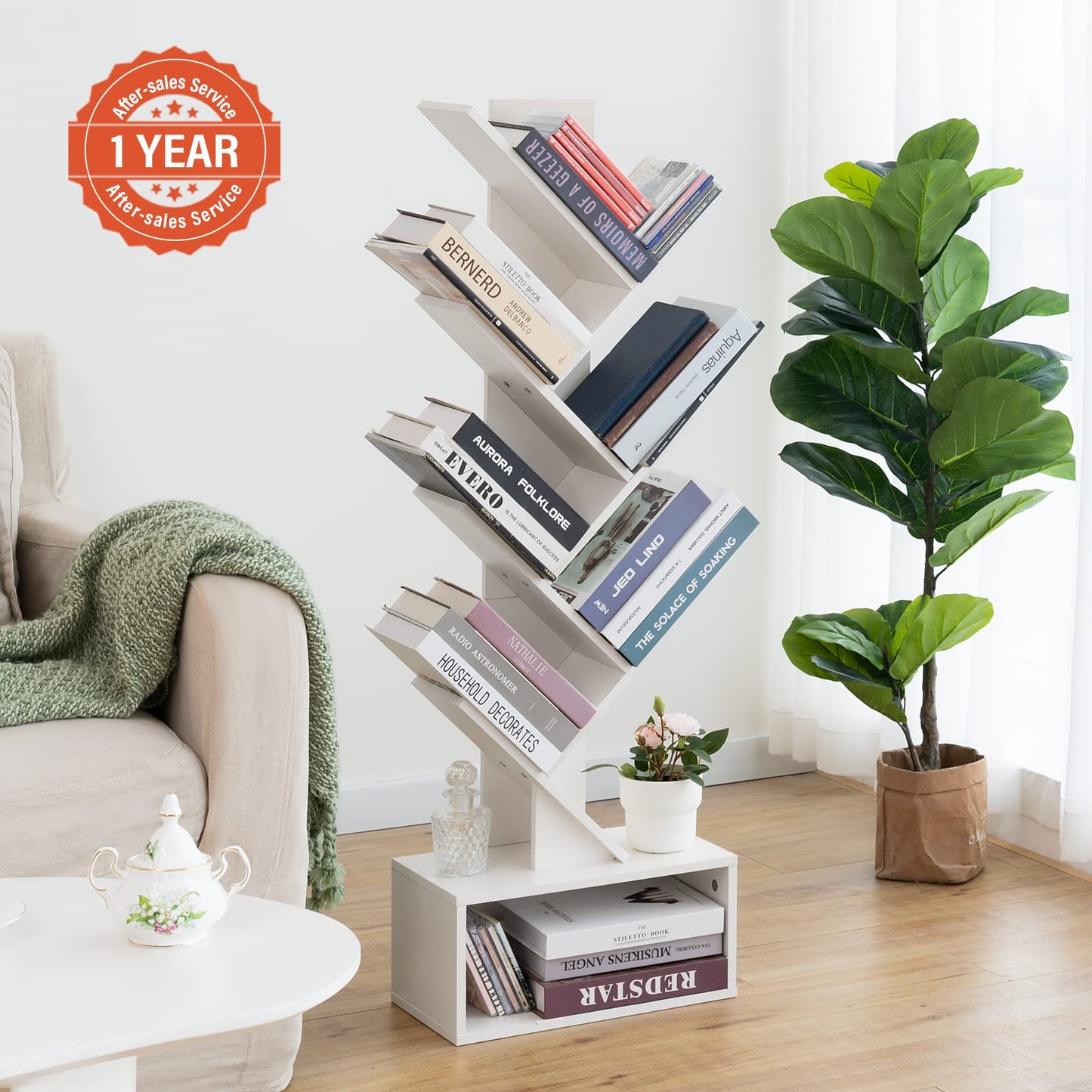 Tree Bookshelf - 6 Shelf Retro Floor Standing Bookcase, Tall Wood Book Storage Rack