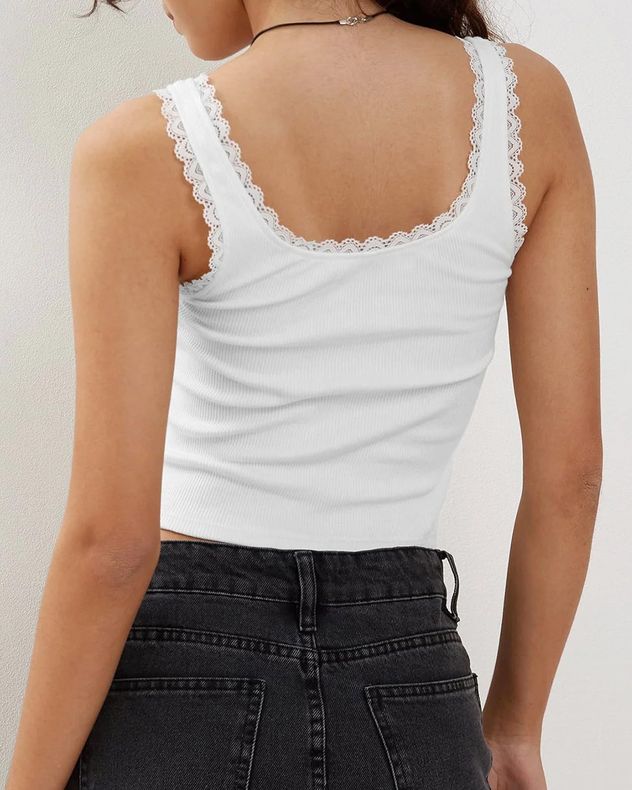 Women's Tank Tops Cute Slim Fitted Ribbed Knit Bow Lace Camisole