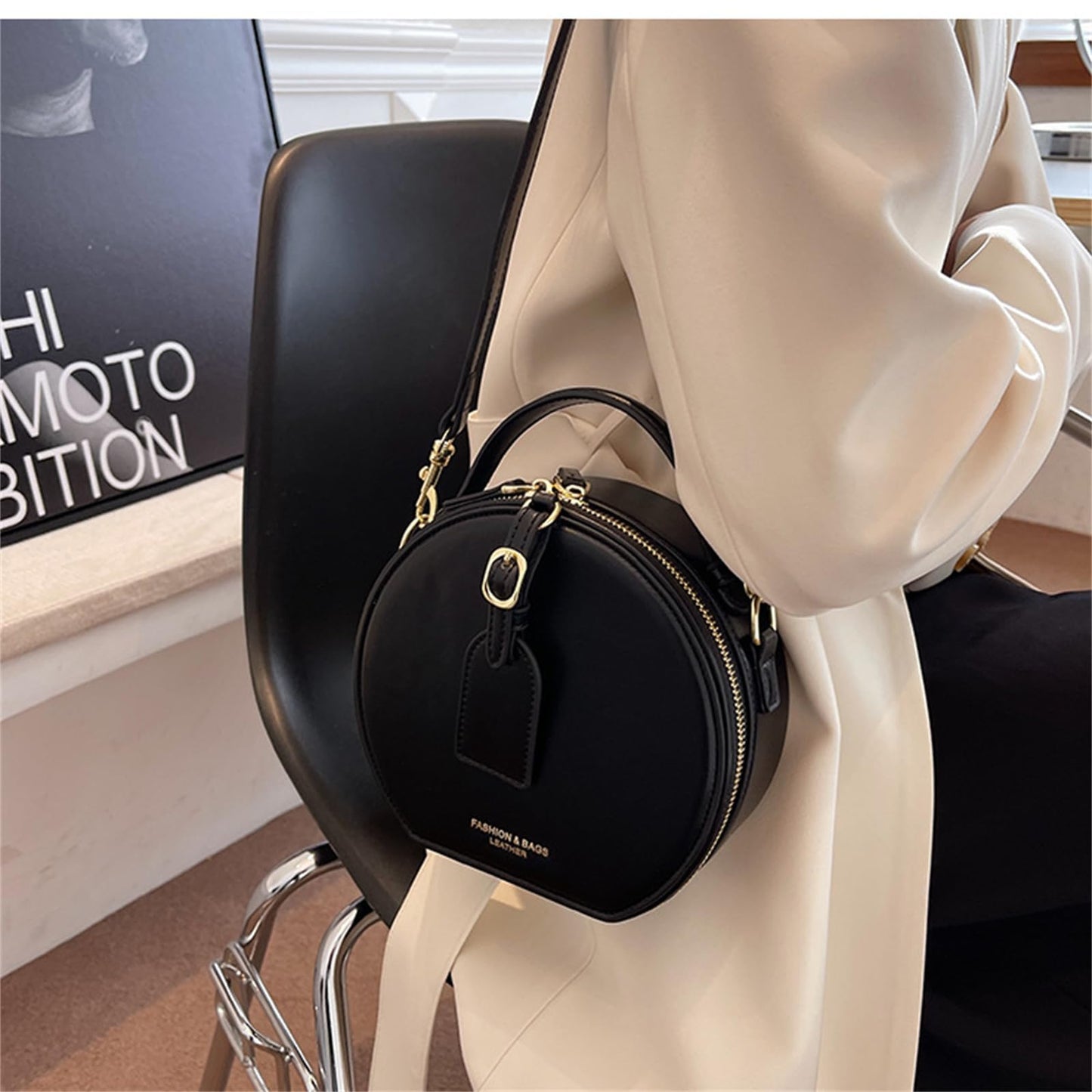 Retro Round Leather Bag Top Handle with Strap