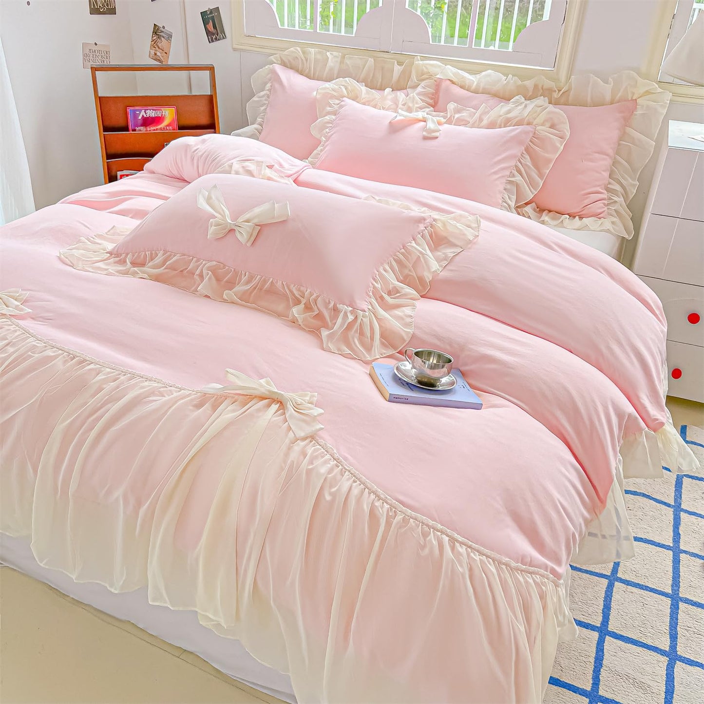 Princess Style Lace Bedding Comforter Cover Set, Chic Ruffled Duvet Cover with Lovely Bow, 1 Duvet Cover with 2 Pillowcases, No Comforter