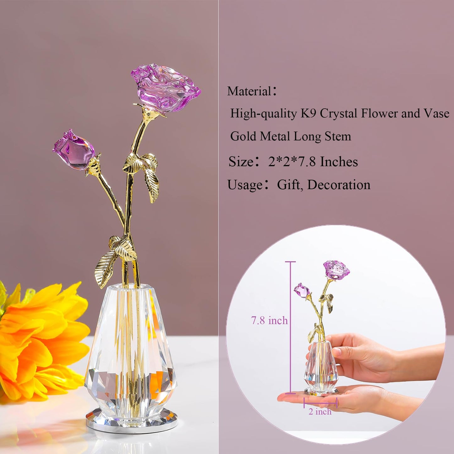 Crystal Rose Flowers Figurines Home Decor, Glass Roses with Stems