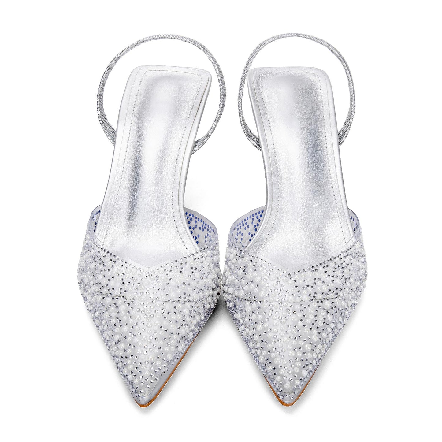 Women's Sparkly Rhinestone Slip On Clear Slingback Kitten Heels with Pearl Studded Pointed Toe