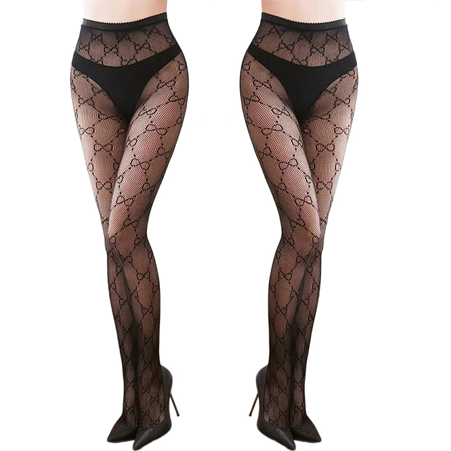 Women's Patterened Fishnet Tights - 2pcs High Waist Floral Fishnet Stocking