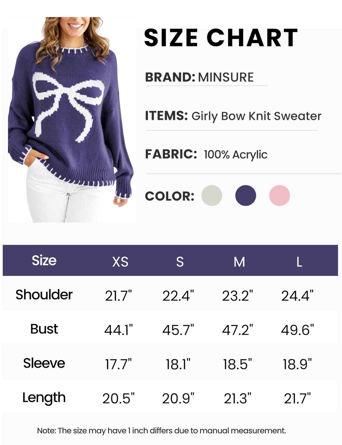 Women Y2K Bow Knit Sweater Crew Neck Long Sleeve Knitted Pullover Oversized Contrast Trim Knitwear