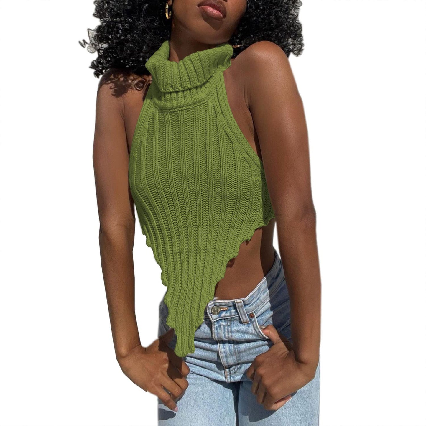 Sexy Halter Knitted Turtleneck Crop Tank Tops Irregular Cut Out Backless Camisole