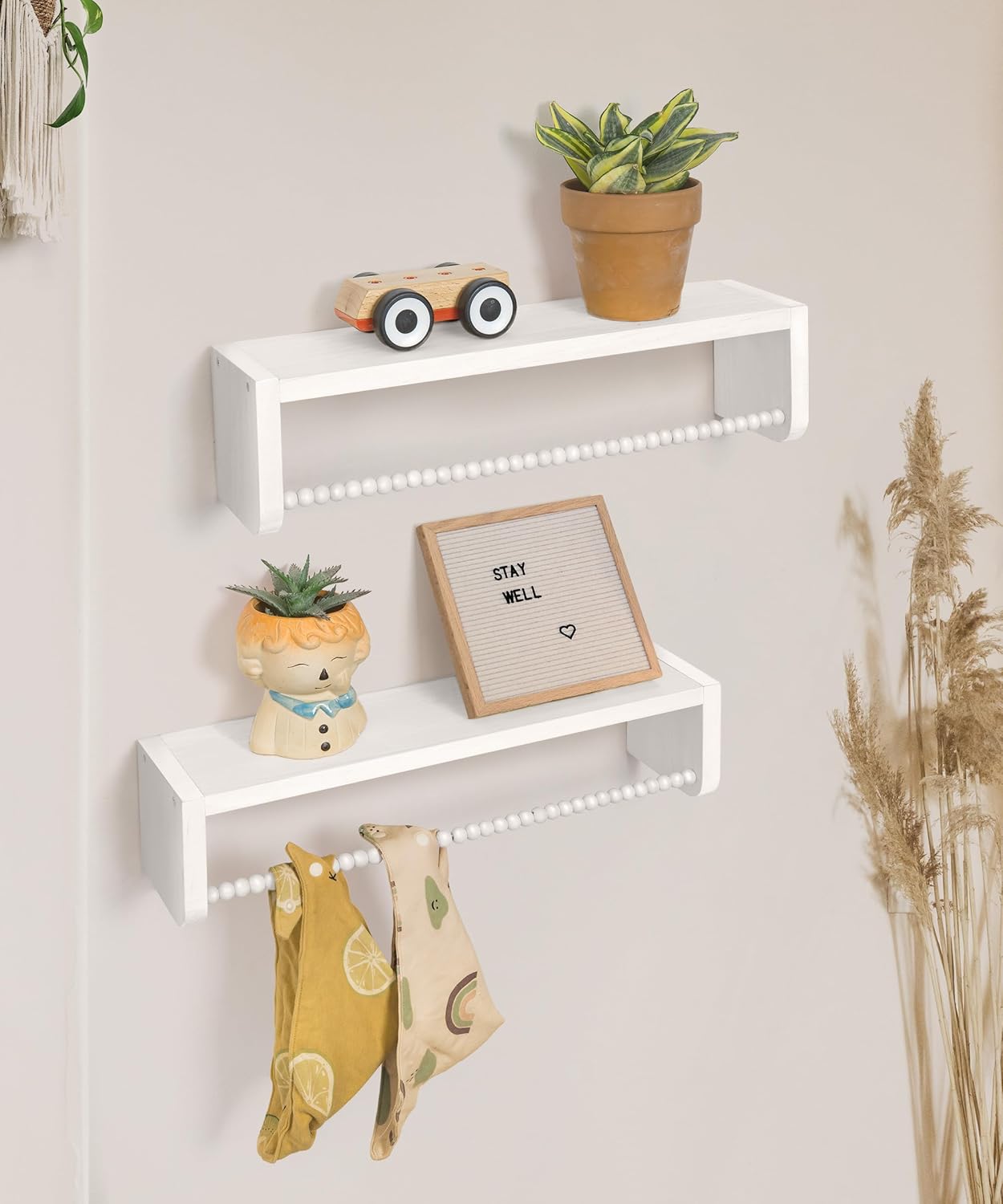 White Natural Wood Bookshelf Wall Decor, Small Floating Shelf Set of 3