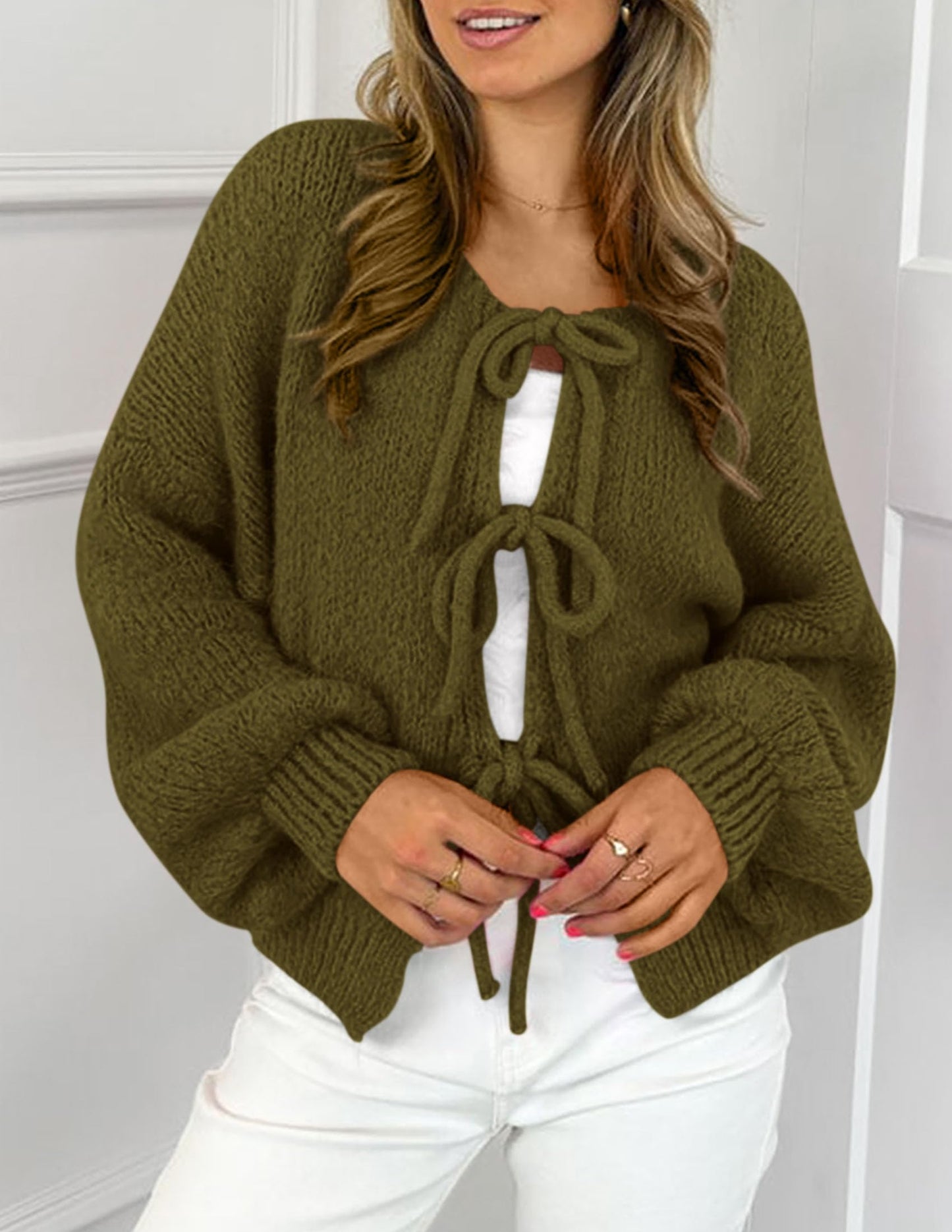 Women's Tie Front Bow Cardigan Sweaters Chunky Knit Long Puff Sleeve