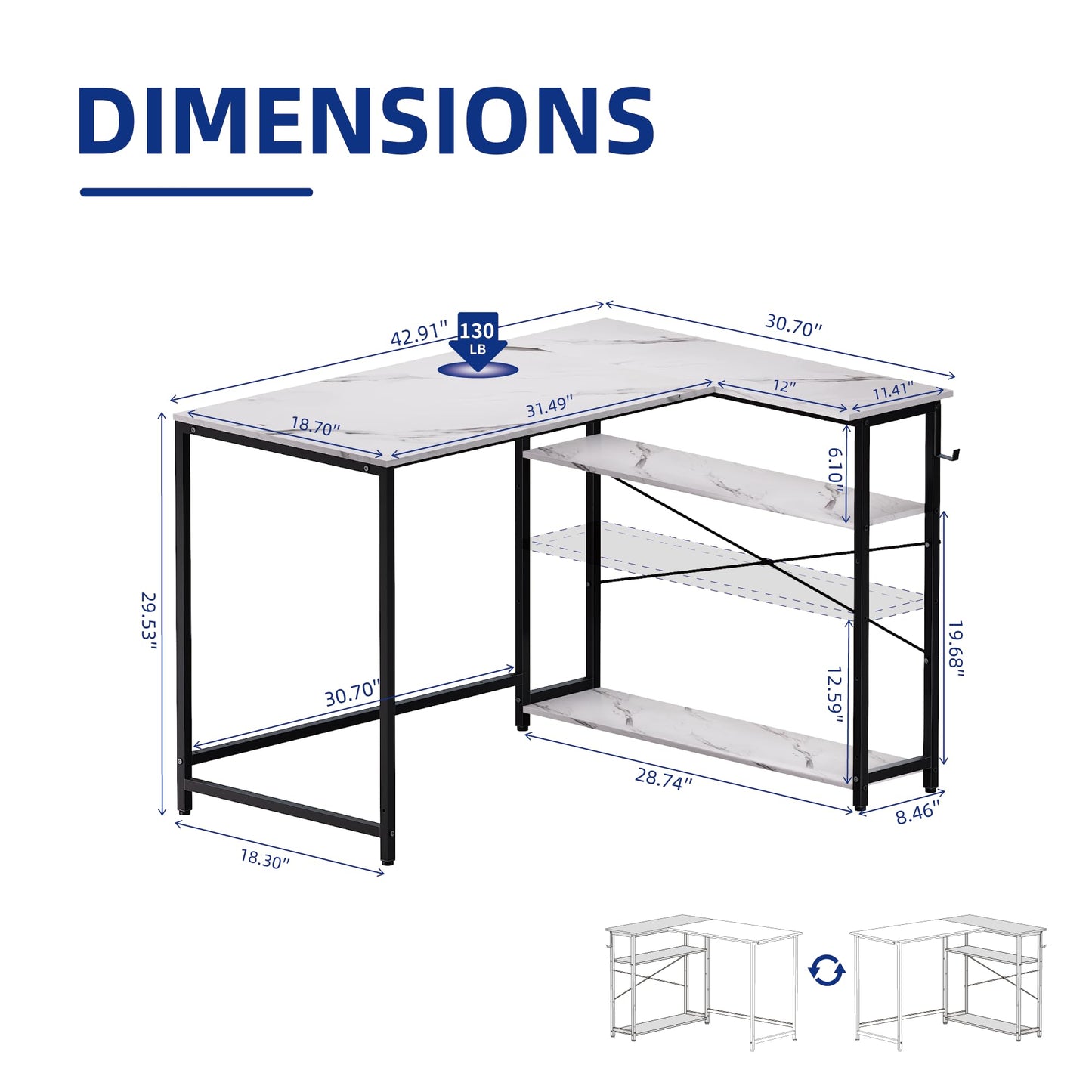 L-Shaped Computer Desk with Reversible Storage Shelves – Compact Corner Desk for Home Office, Bedroom, or Study 43"