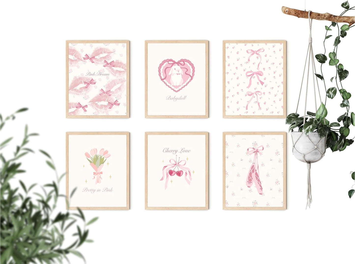 Coquette Room Decor Aesthetic, Pastel Pink Bows Posters (8" X 10", Set of 6, UNFRAMED)