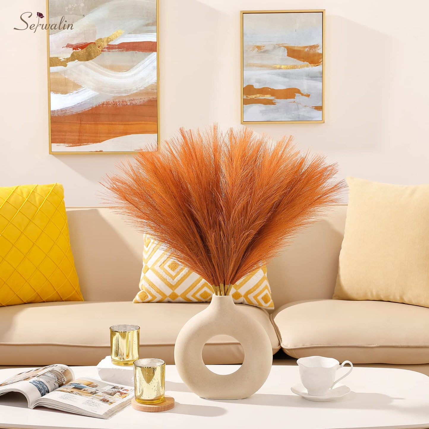 Faux Pampas Grass Decor 17.7 Inch 6pcs, Home Decor