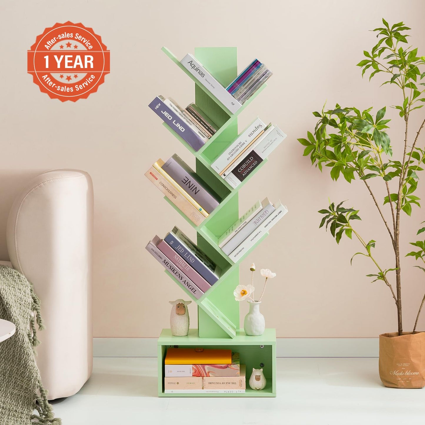 Tree Bookshelf - 6 Shelf Retro Floor Standing Bookcase, Tall Wood Book Storage Rack