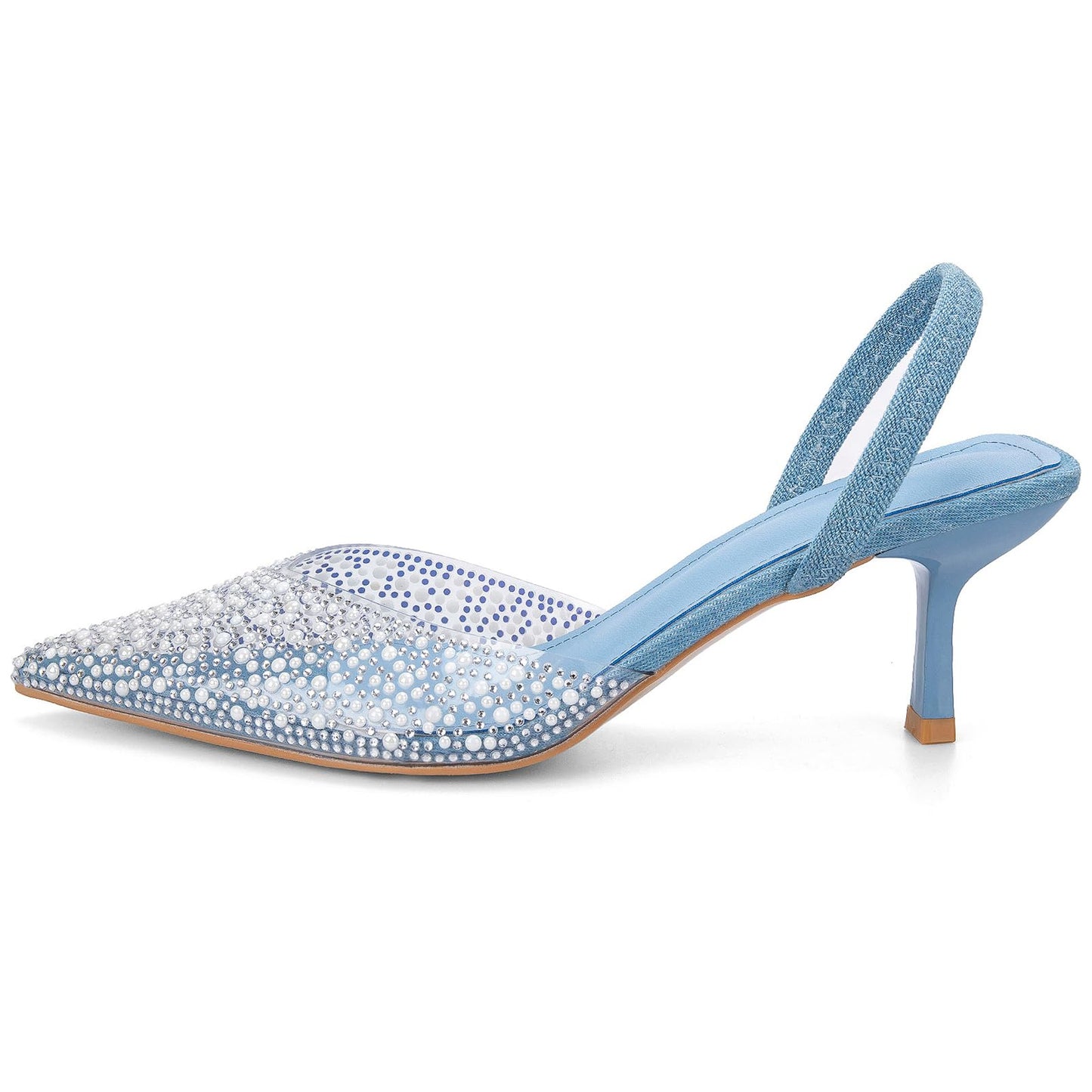 Women's Sparkly Rhinestone Slip On Clear Slingback Kitten Heels with Pearl Studded Pointed Toe