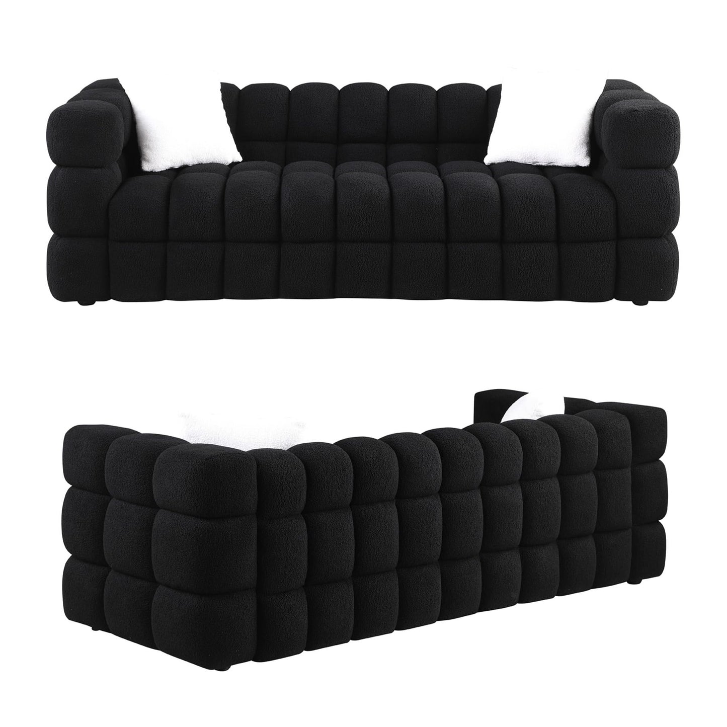 Modern Sofa Couch with Metal Legs Upholstered Tufted 3 Seater Couch with 2 Pillows Decor