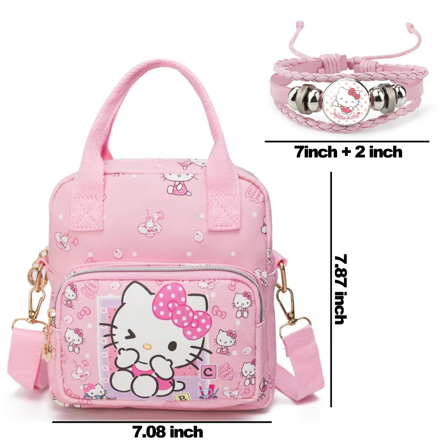 Kawaii Kitty PU Crossbody Bag with Handles Adjustable Shoulder Strap and Bracelet, Handbag with Zipper, Wallet Purse