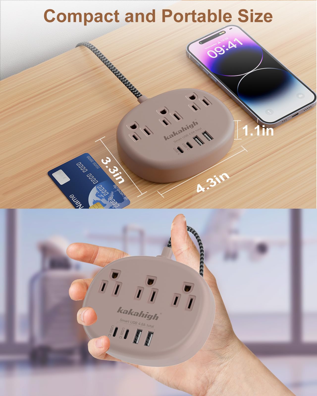 Cute Surge Protector – 5FT Flat Extension Cord, 3 Outlets, 4 USB Ports (24W)