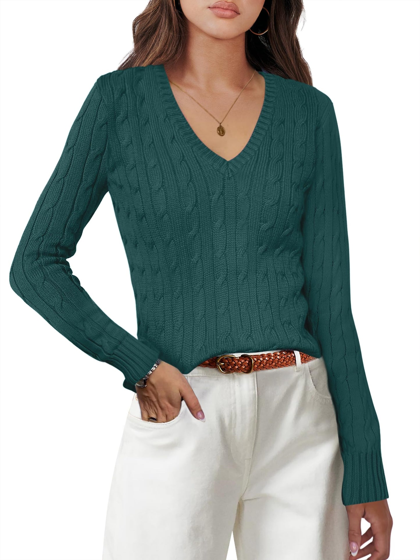 Women's Long Sleeve V Neck Cable Knit Sweater Jumper