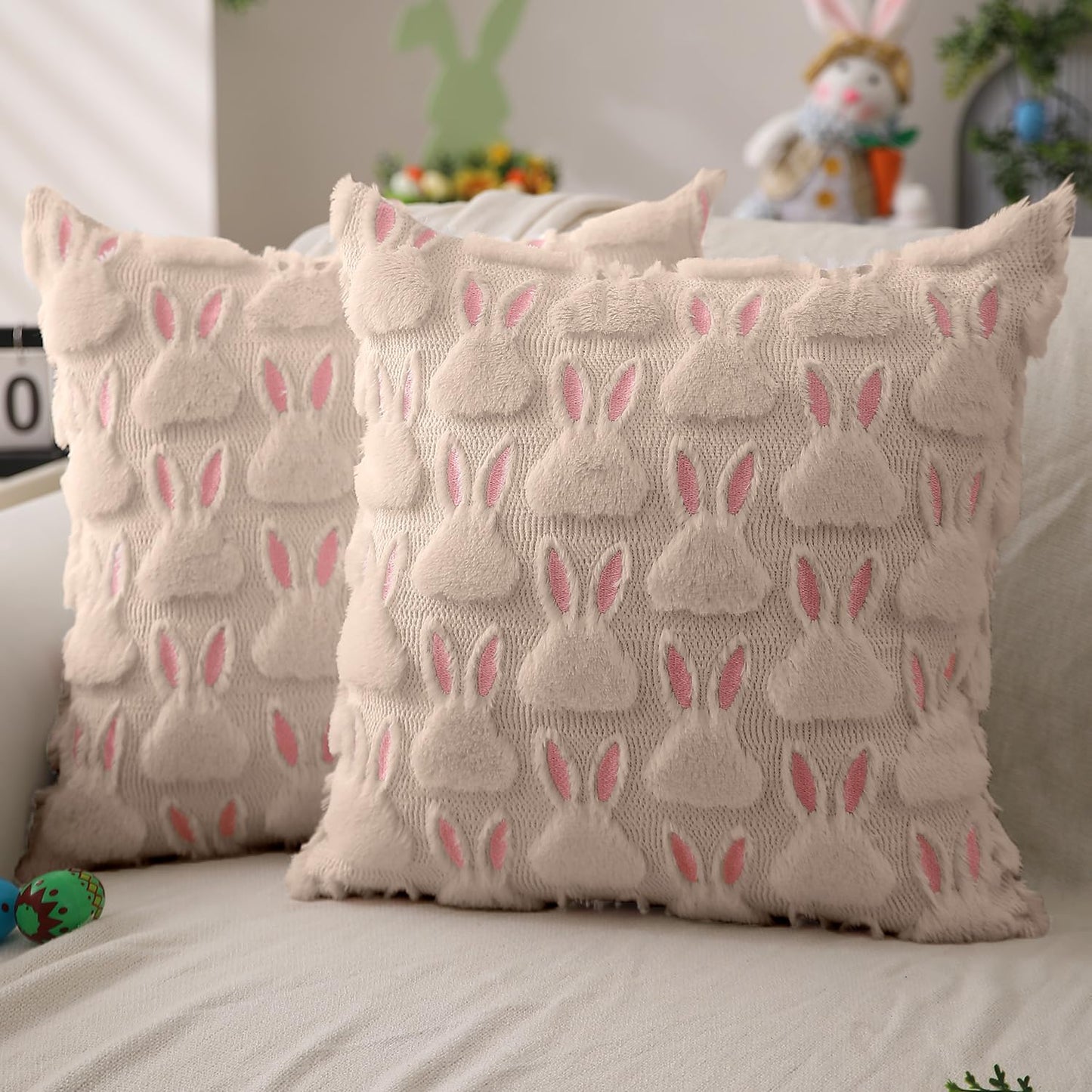 Easter Bunny Pillow Covers | Set of 2 Easter Soft Plush Faux Fur Jacquard Throw Pillows