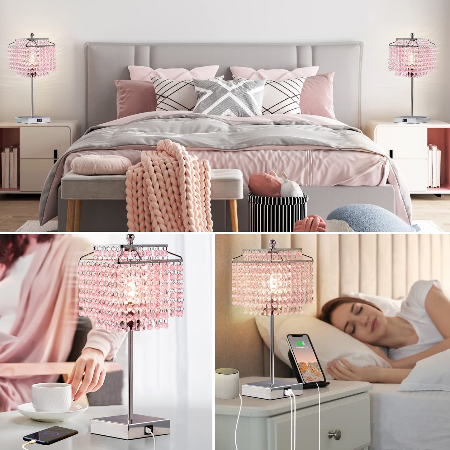 Luvkczc Set of 2 Bedside Pink Crystal Table Lamp, Touch Control Crystal Lamp, 3-Way Dimmable Lamp with Crystal Shade for Bedroom, Girl Living Room, 6W B11 Bulb Included