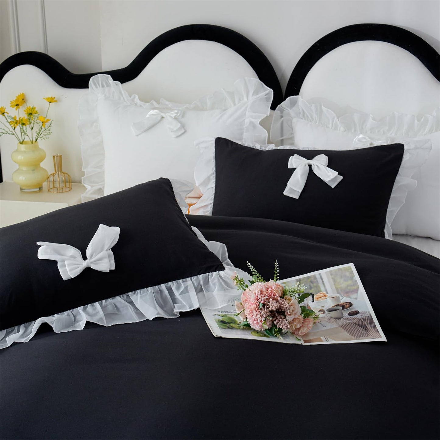 Princess Style Lace Bedding Comforter Cover Set, Chic Ruffled Duvet Cover with Lovely Bow, 1 Duvet Cover with 2 Pillowcases, No Comforter