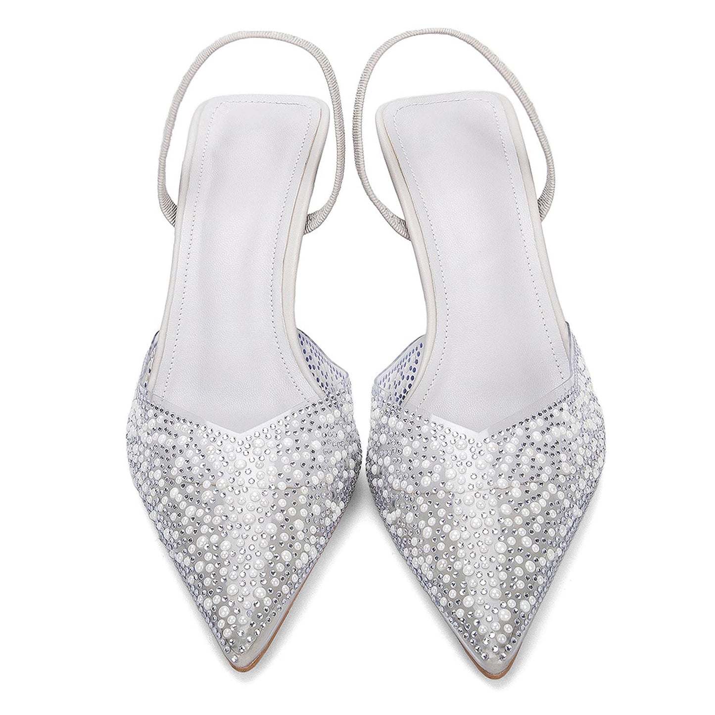 Women's Sparkly Rhinestone Slip On Clear Slingback Kitten Heels with Pearl Studded Pointed Toe