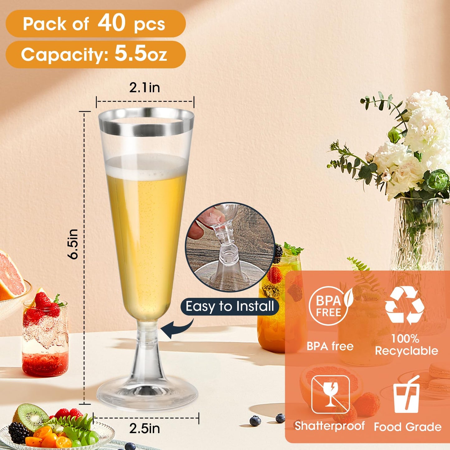 Champagne Flutes Plastic 100 Pack Disposable Mimosa Glasses