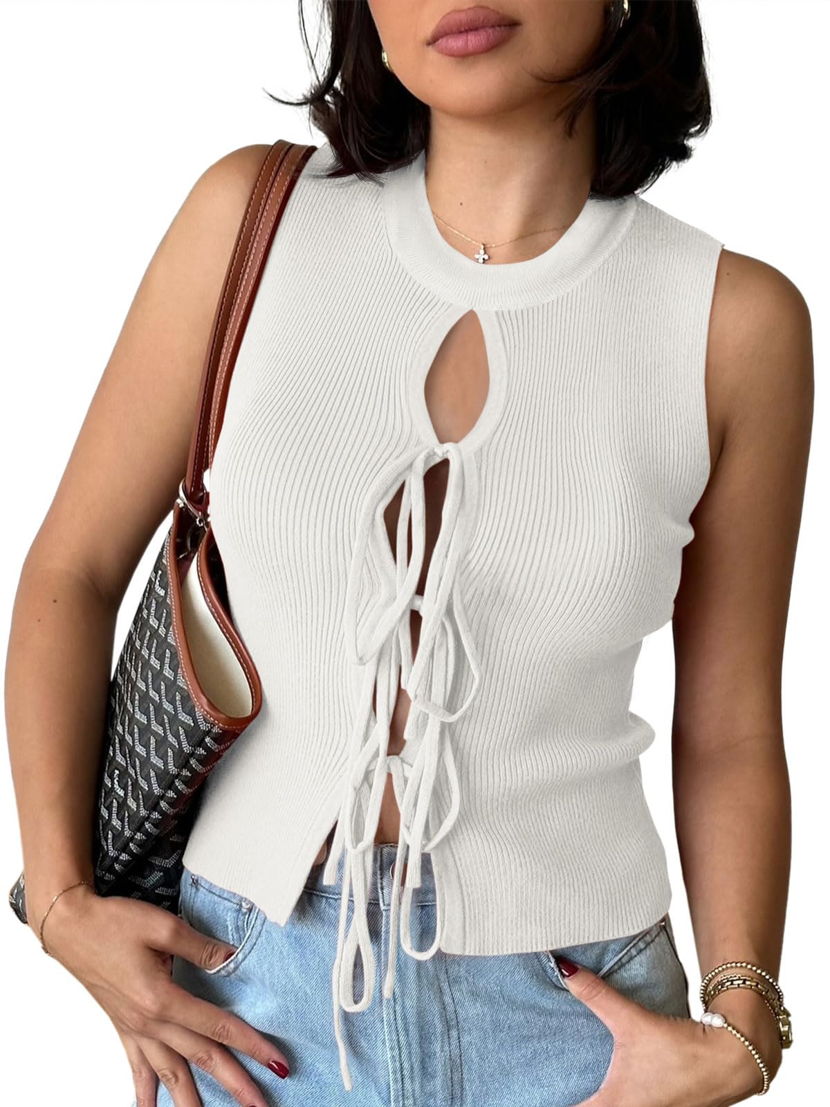 Tie Front Sweater Ribbed Knit Tank Tops