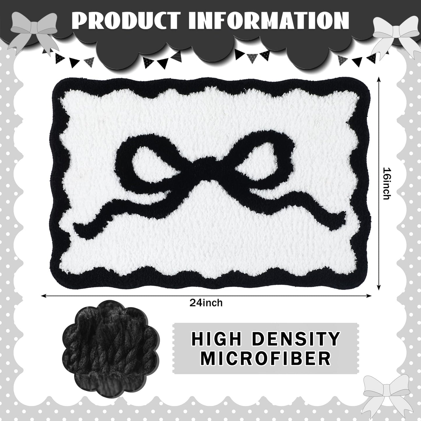 Cute Aesthetic Scalloped Bow Bathroom Mat Non Slip Coquette Bow Rug