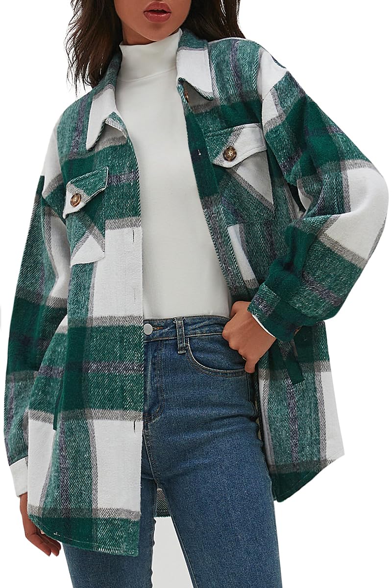 Women's Casual Flannel Plaid Shacket Button Down Long Sleeve Shirt Jacket Coats with Pockets