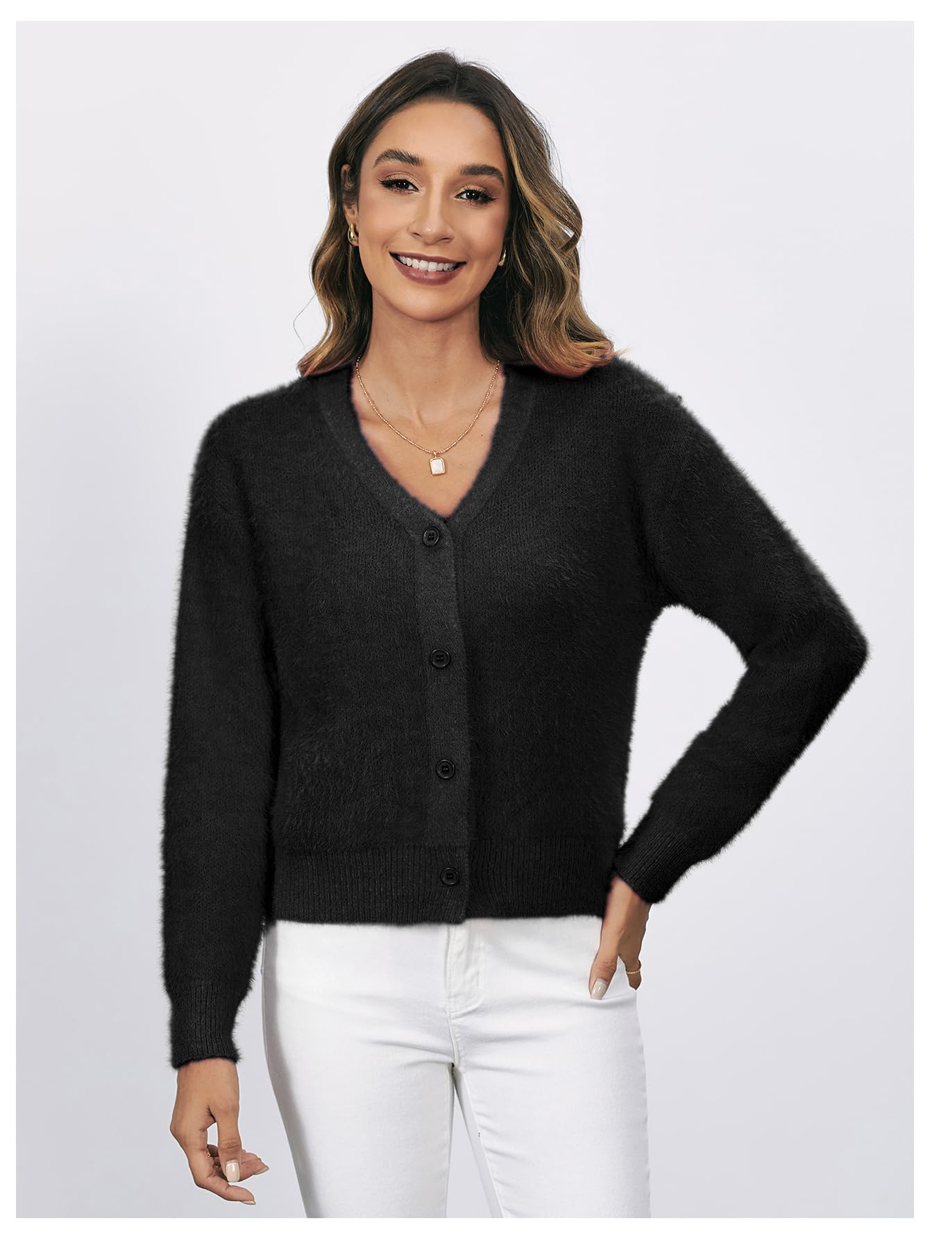 Women's Fuzzy Cardigan Sweater V Neck Button Down Long Sleeve Crop Cardigan Coat