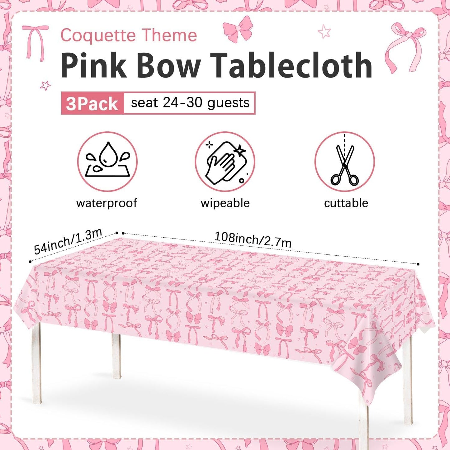 Coquette Birthday Decorations Tablecloths, Pink Bow Large Size Rectangle Table Cloths 54 x 108 Inch 3Pcs