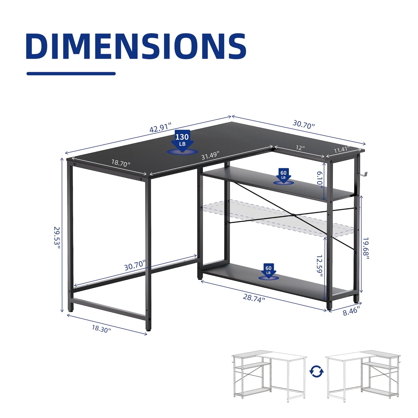 L-Shaped Computer Desk with Reversible Storage Shelves – Compact Corner Desk for Home Office, Bedroom, or Study 43"