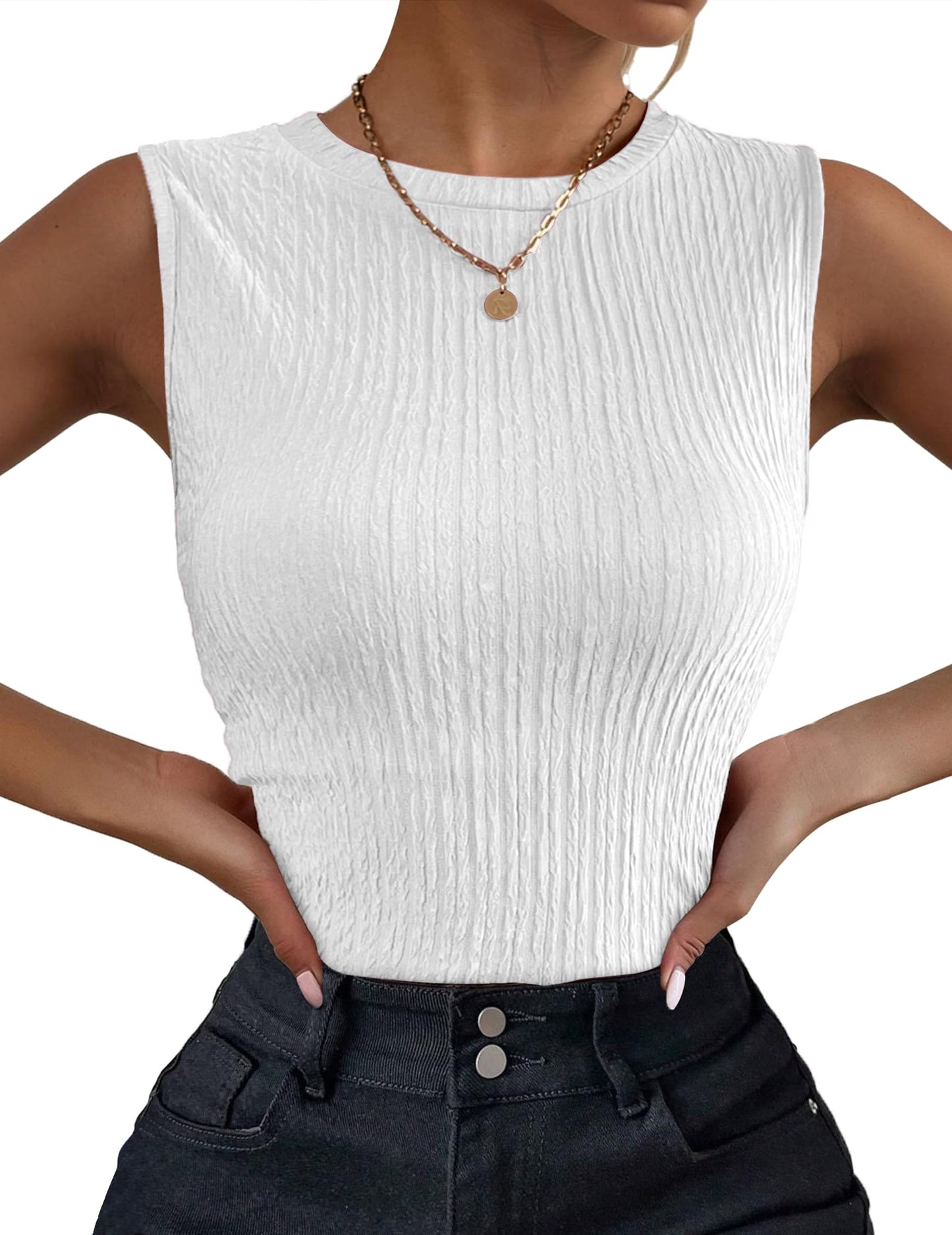 Women's High Neck Tank Top Ribbed Knit Slim Fitted Basic Textured Sleeveless Shirts