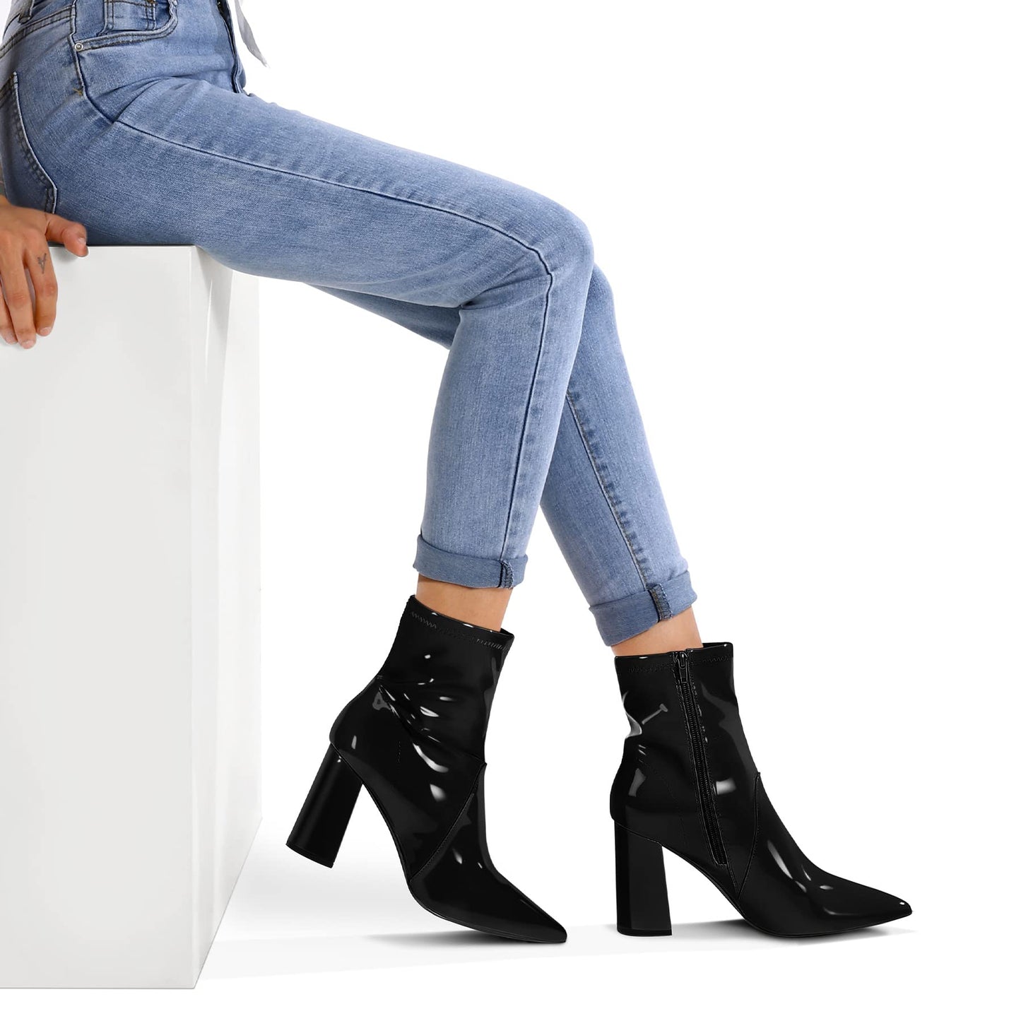 Women's GoGo Boots Mid Calf Block Heel Ankle Boots Pointed Toe Patent Leather Side Zipper Booties