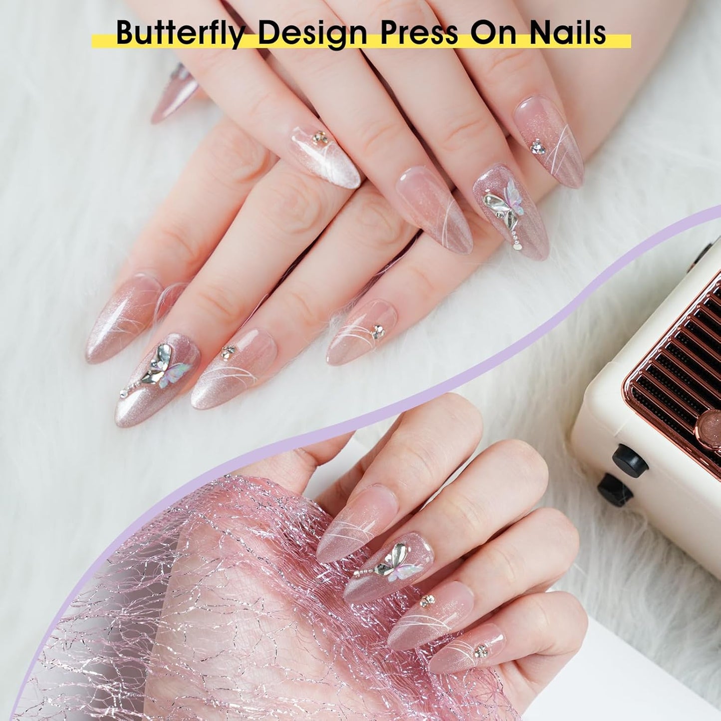 Press on Nails Medium Almond Pink Fake Nails Press ons with Butterfly Rhinestone Designs