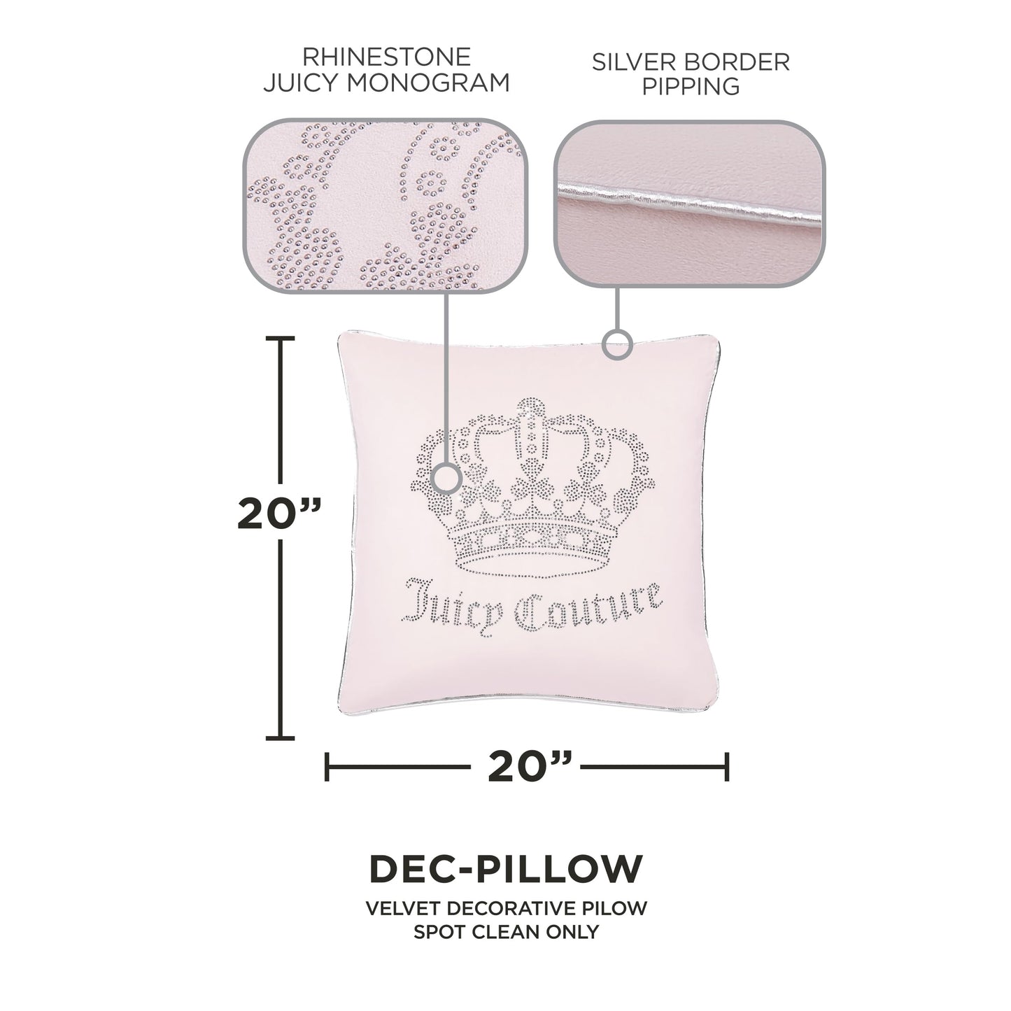 Juicy Couture - Decorative Accent Pillow, Velvet Rhinestone Crown, Premium Reversible Throw Pillow