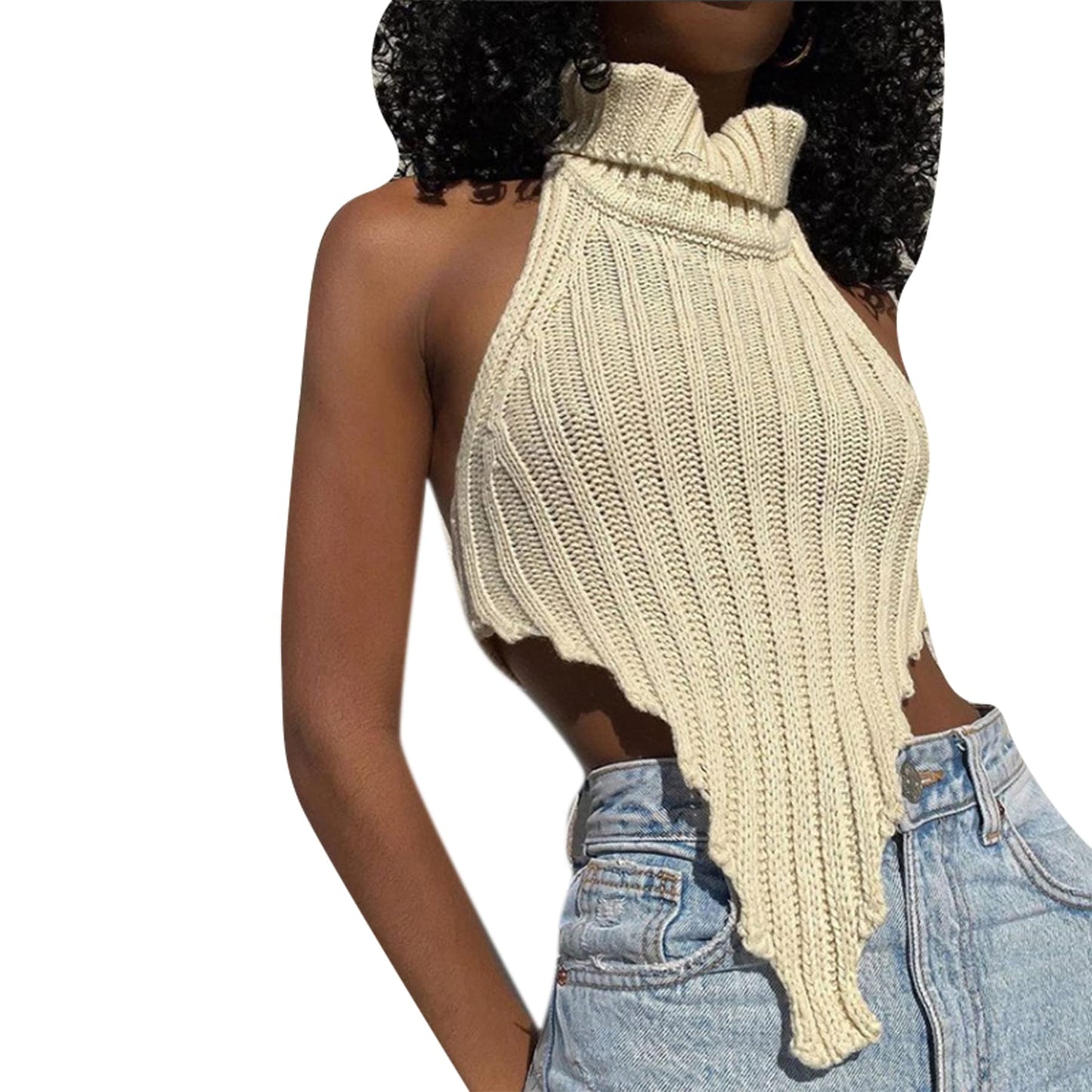 Sexy Halter Knitted Turtleneck Crop Tank Tops Irregular Cut Out Backless Camisole