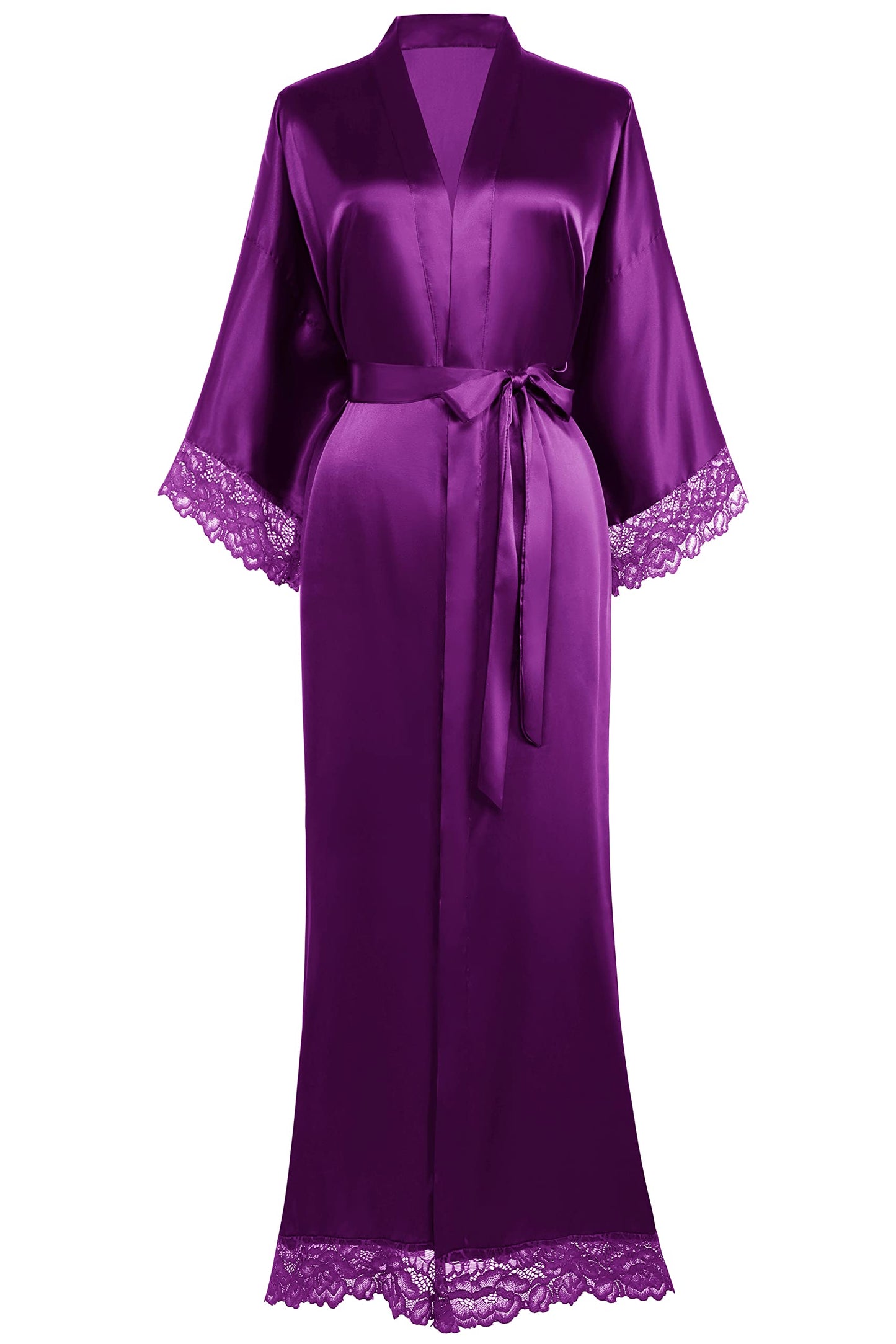 Satin Kimono Robe Silky Long with Lace Trim