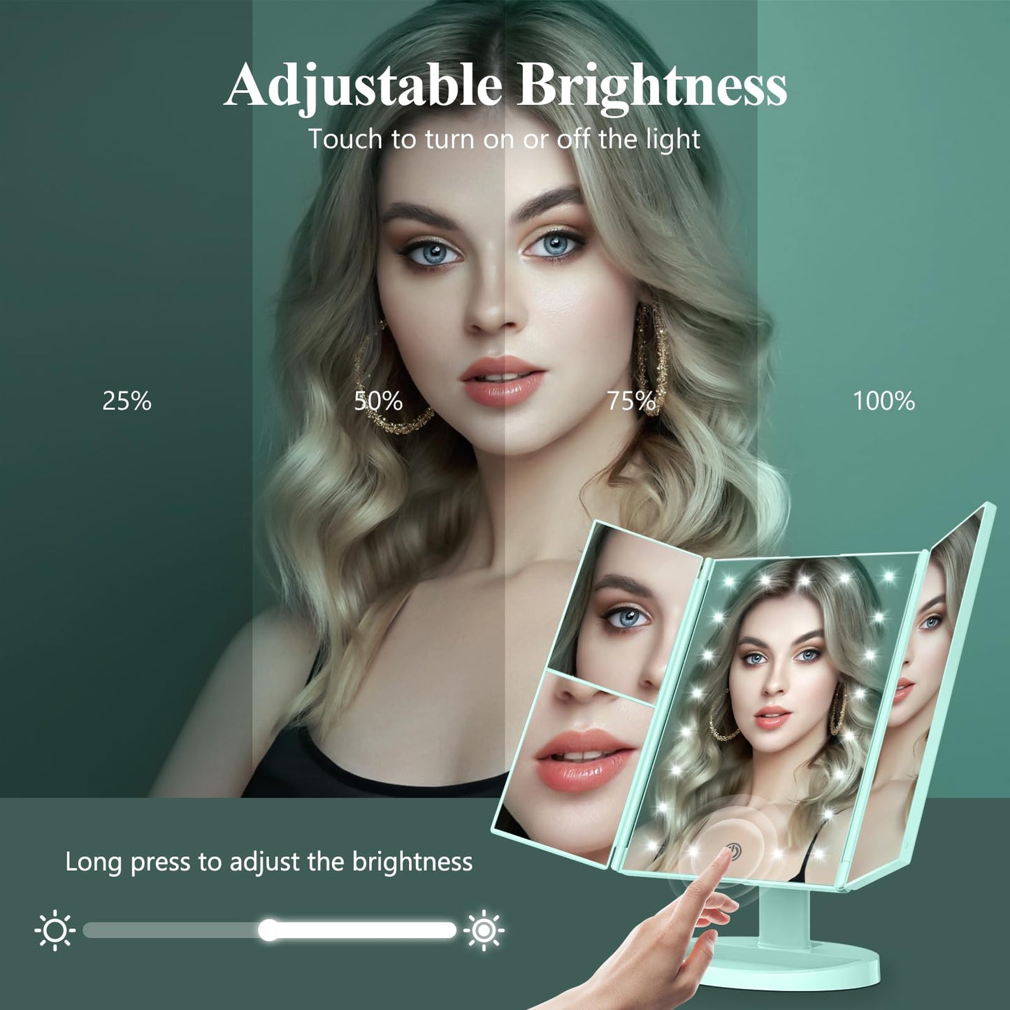 Makeup Mirror Vanity with Lights, 2X 3X 10X Magnification, Lighted Mirror, Touch Control, Trifold Dual Power Supply, Portable LED