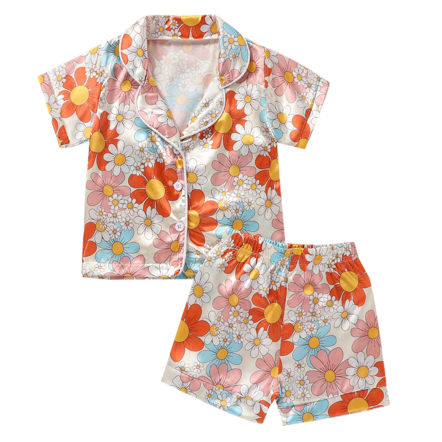 Toddler Girls Floral Silk Pajamas Short Sleeve Button-Up Top Shorts 2PC Flowers Satin Pajamas Set