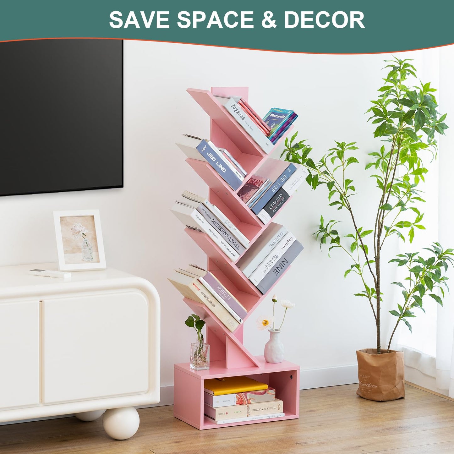 Tree Bookshelf - 6 Shelf Retro Floor Standing Bookcase, Tall Wood Book Storage Rack