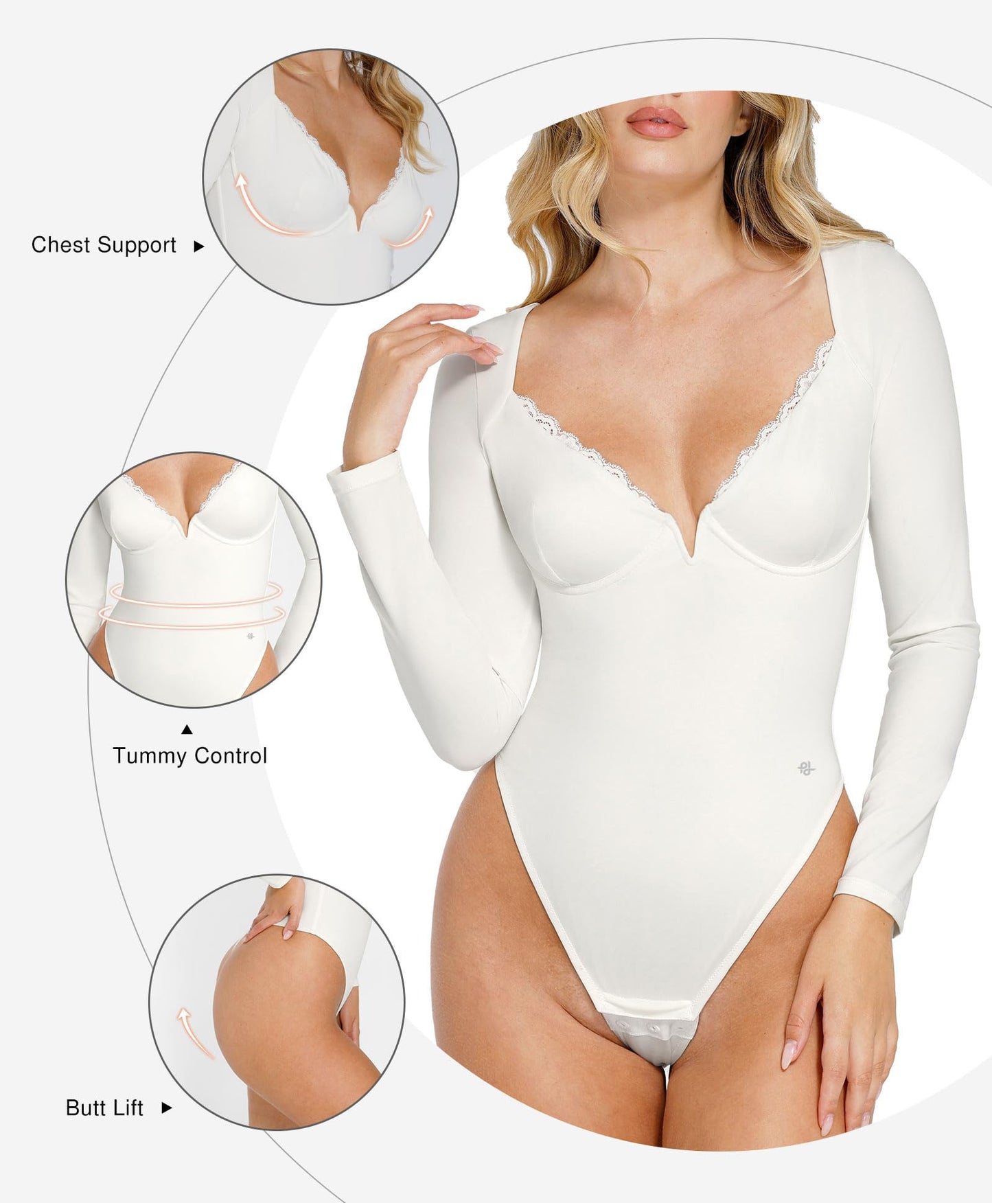 Lace Shapewear Bodysuit Long Sleeve Body suits -  Deep V Neck Tummy Control Corset Top